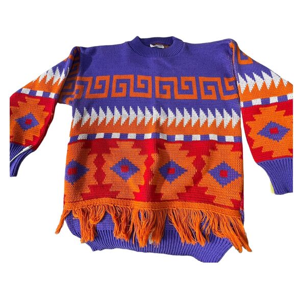Vintage Deadstock 80s Rags Knitwear Purple Orange Aztec Fringe Sweater Med - Picture 3 of 9